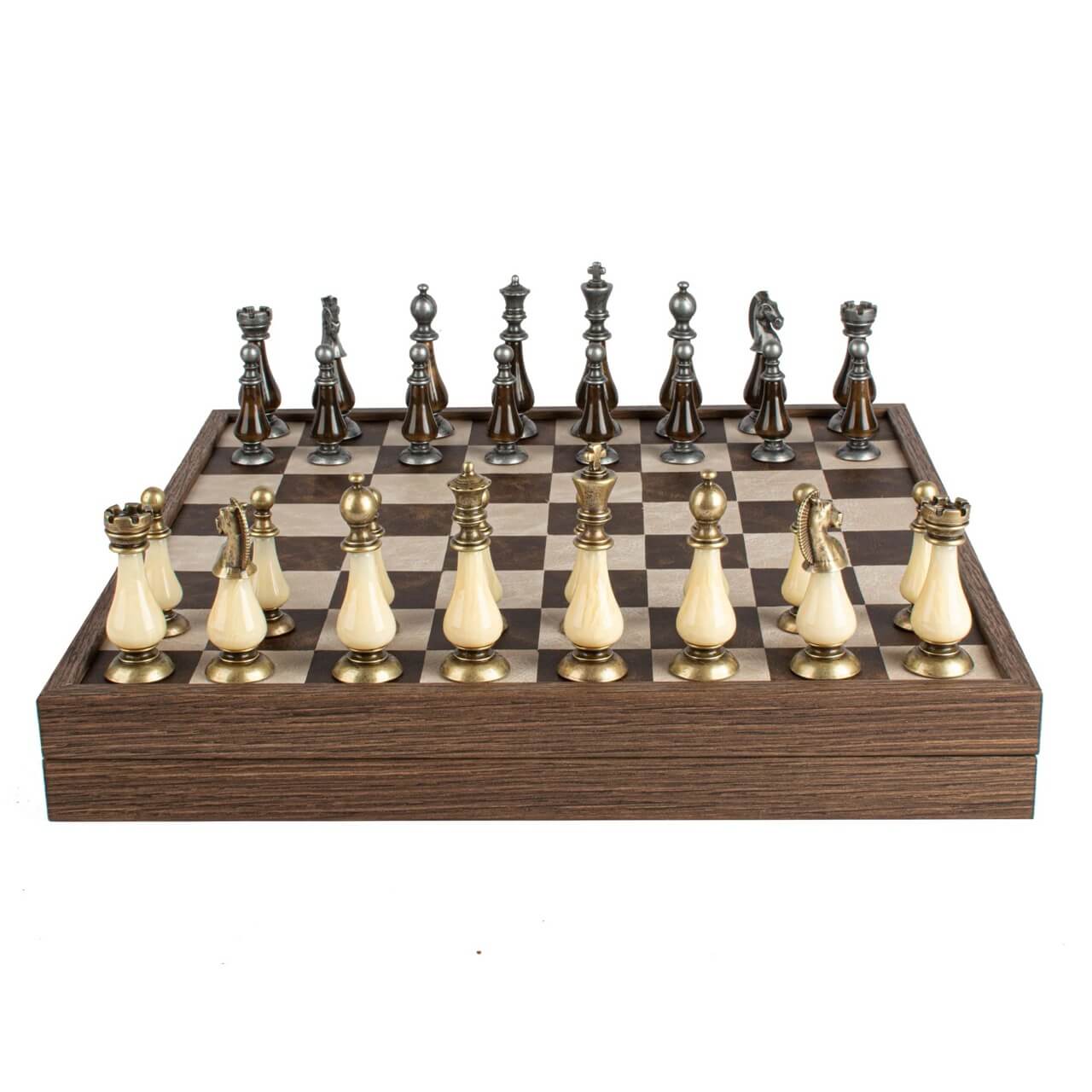 Leather Chessboard with Pewter & Pearl Chess Pieces