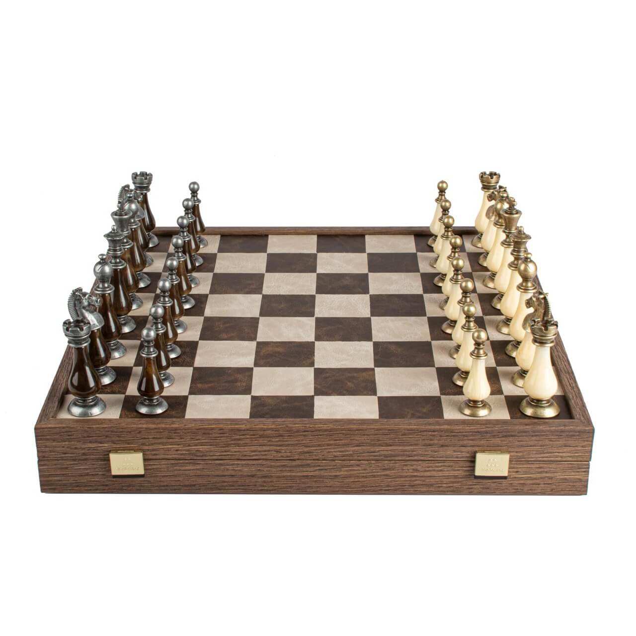 Leather Chessboard with Pewter & Pearl Chess Pieces