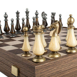 Leather Chessboard with Pewter & Pearl Chess Pieces