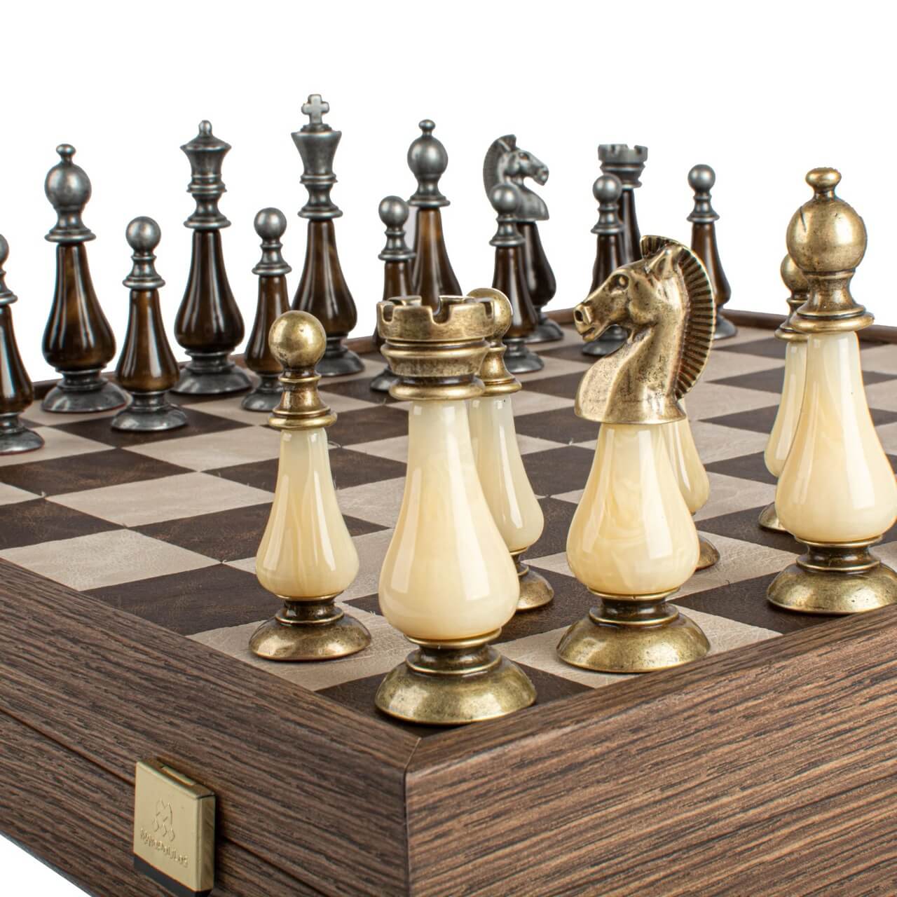 Leather Chessboard with Pewter & Pearl Chess Pieces