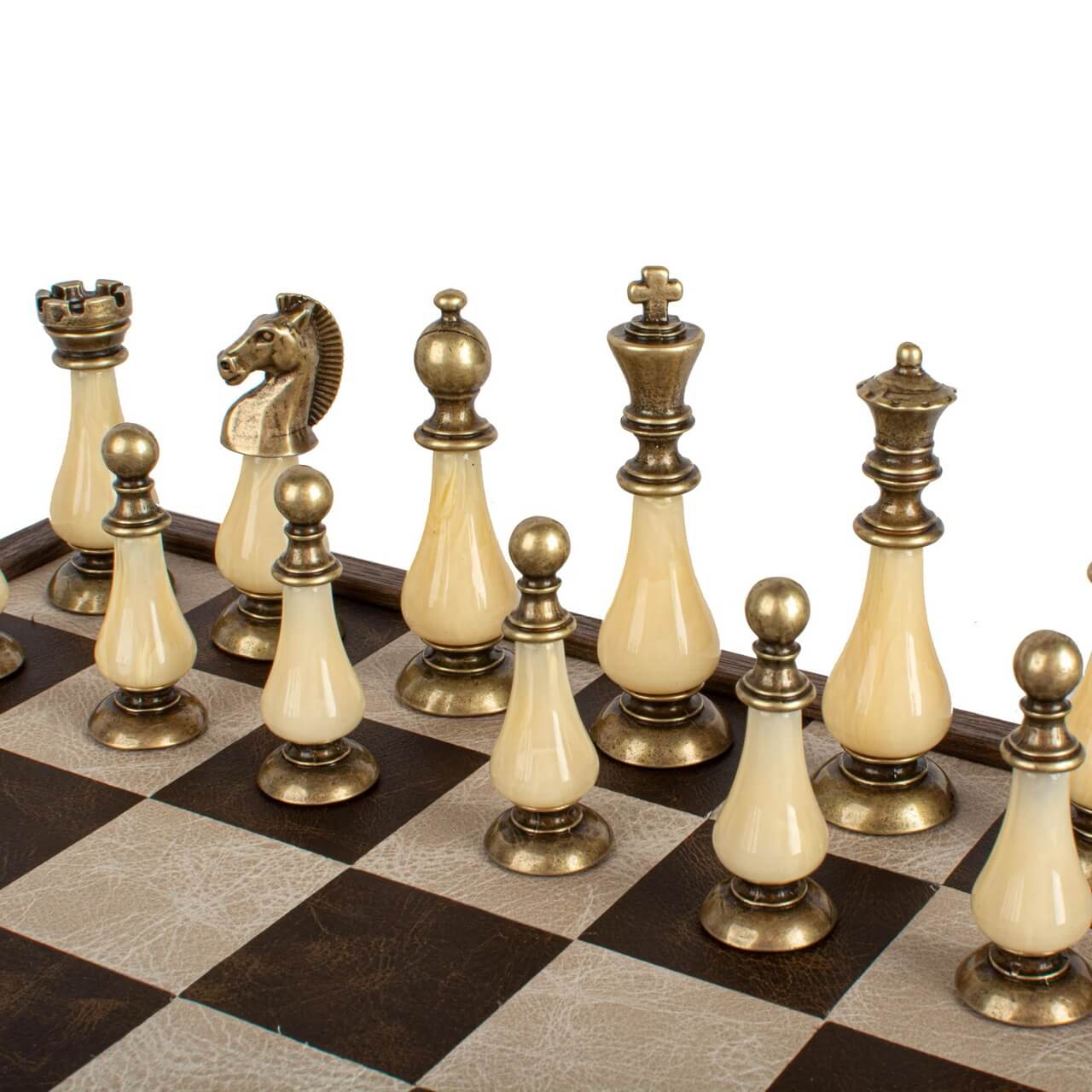 Leather Chessboard with Pewter & Pearl Chess Pieces