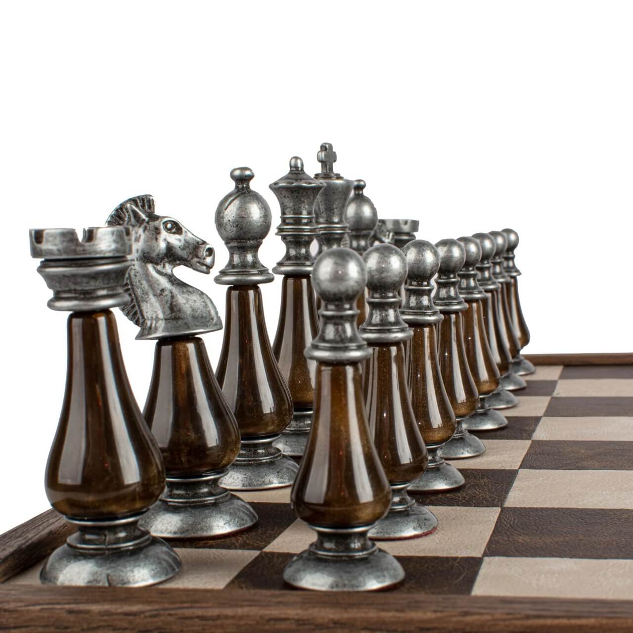 Leather Chessboard with Pewter & Pearl Chess Pieces