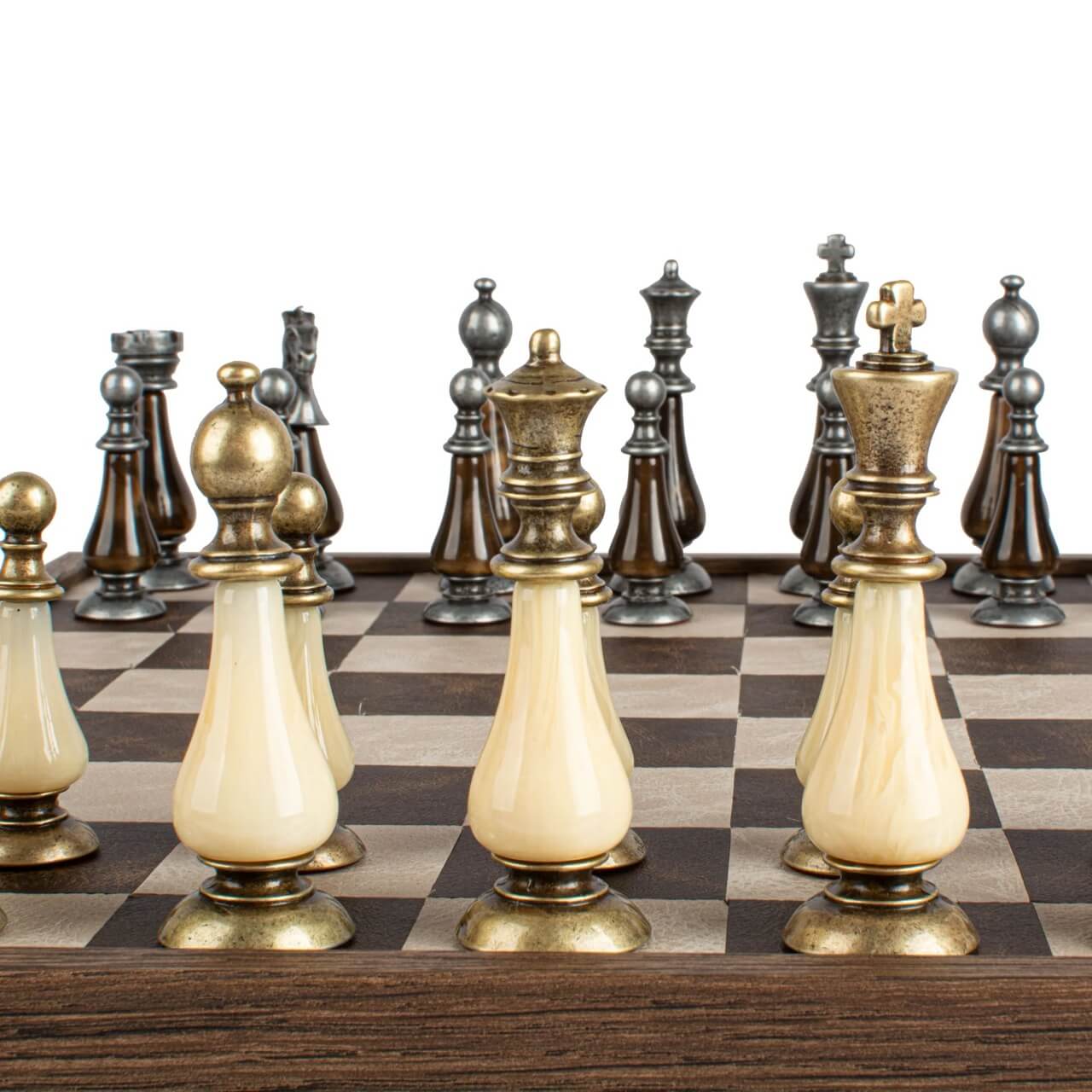 Leather Chessboard with Pewter & Pearl Chess Pieces