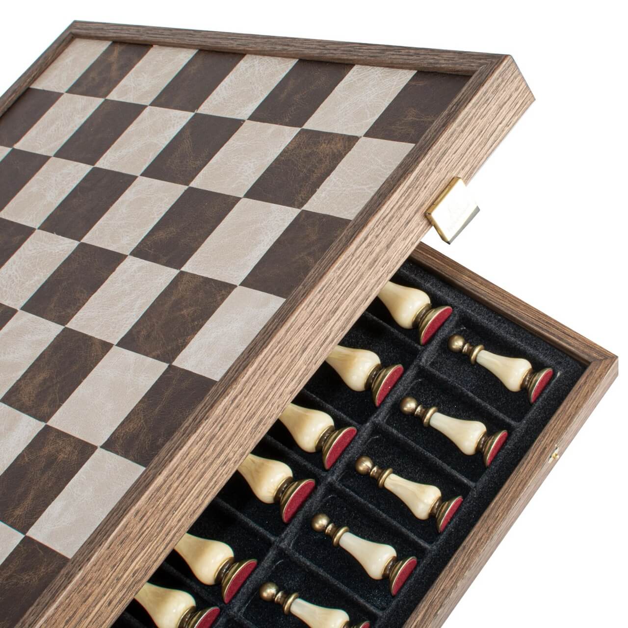 Leather Chessboard with Pewter & Pearl Chess Pieces