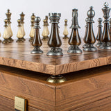 Walnut Burl & Oak Chessboard with Brass & Pewter Chess Pieces