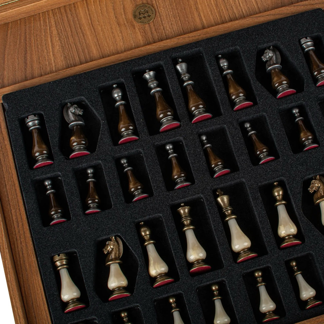 Walnut Burl & Oak Chessboard with Brass & Pewter Chess Pieces
