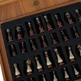 Walnut Burl & Oak Chessboard with Brass & Pewter Chess Pieces