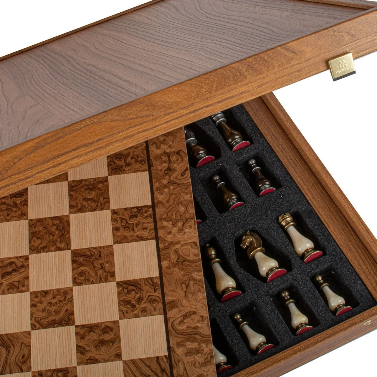 Walnut Burl & Oak Chessboard with Brass & Pewter Chess Pieces