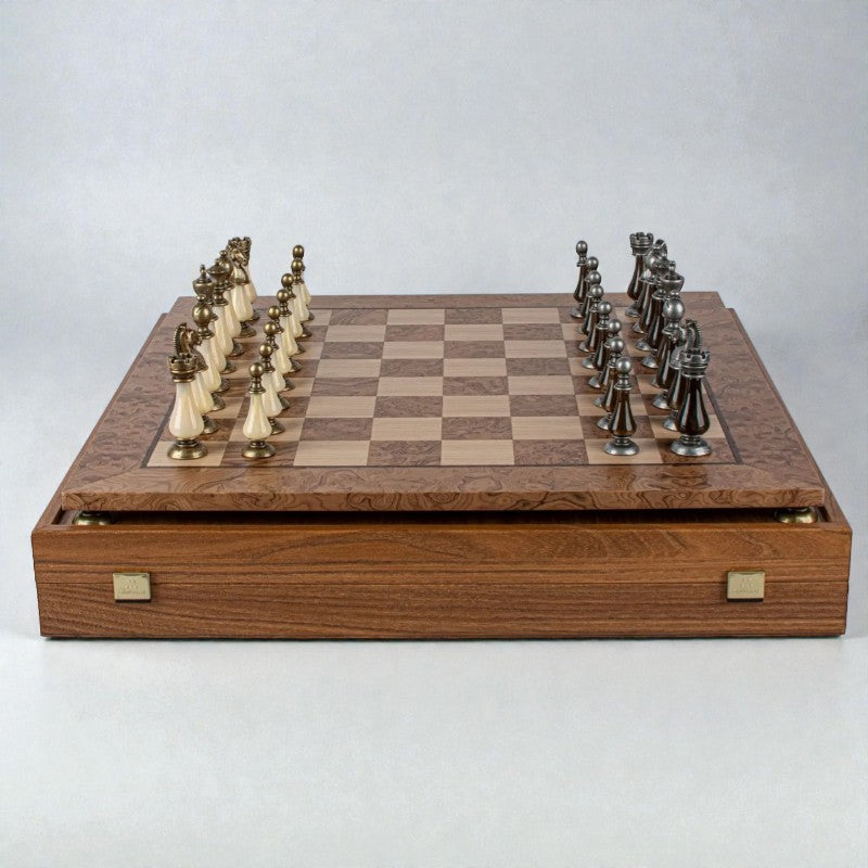 Walnut Burl & Oak Chessboard with Brass & Pewter Chess Pieces