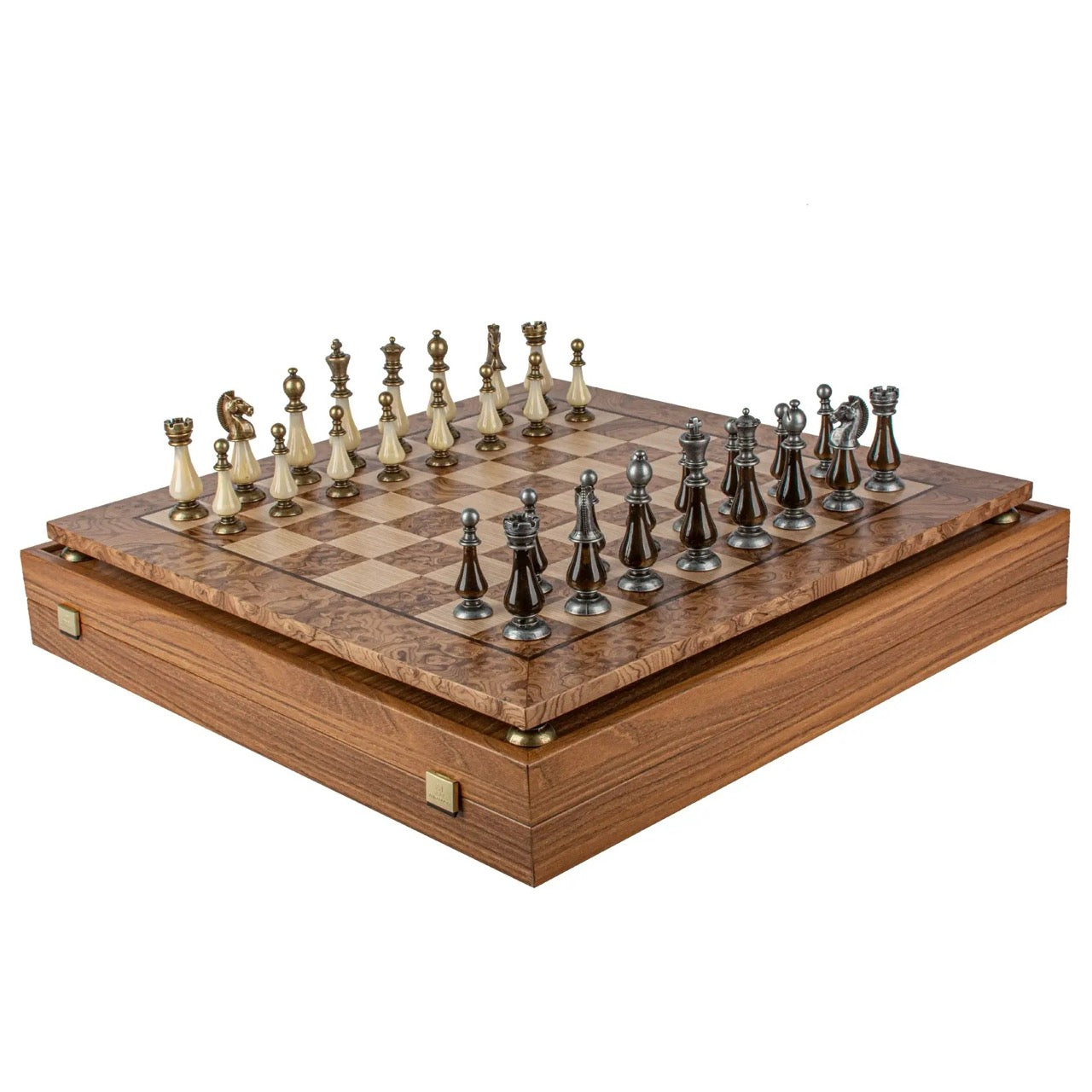 Walnut Burl & Oak Chessboard with Brass & Pewter Chess Pieces