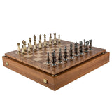 Walnut Burl & Oak Chessboard with Brass & Pewter Chess Pieces
