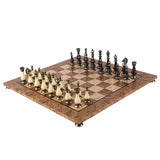 Walnut Burl & Oak Chessboard with Brass & Pewter Chess Pieces