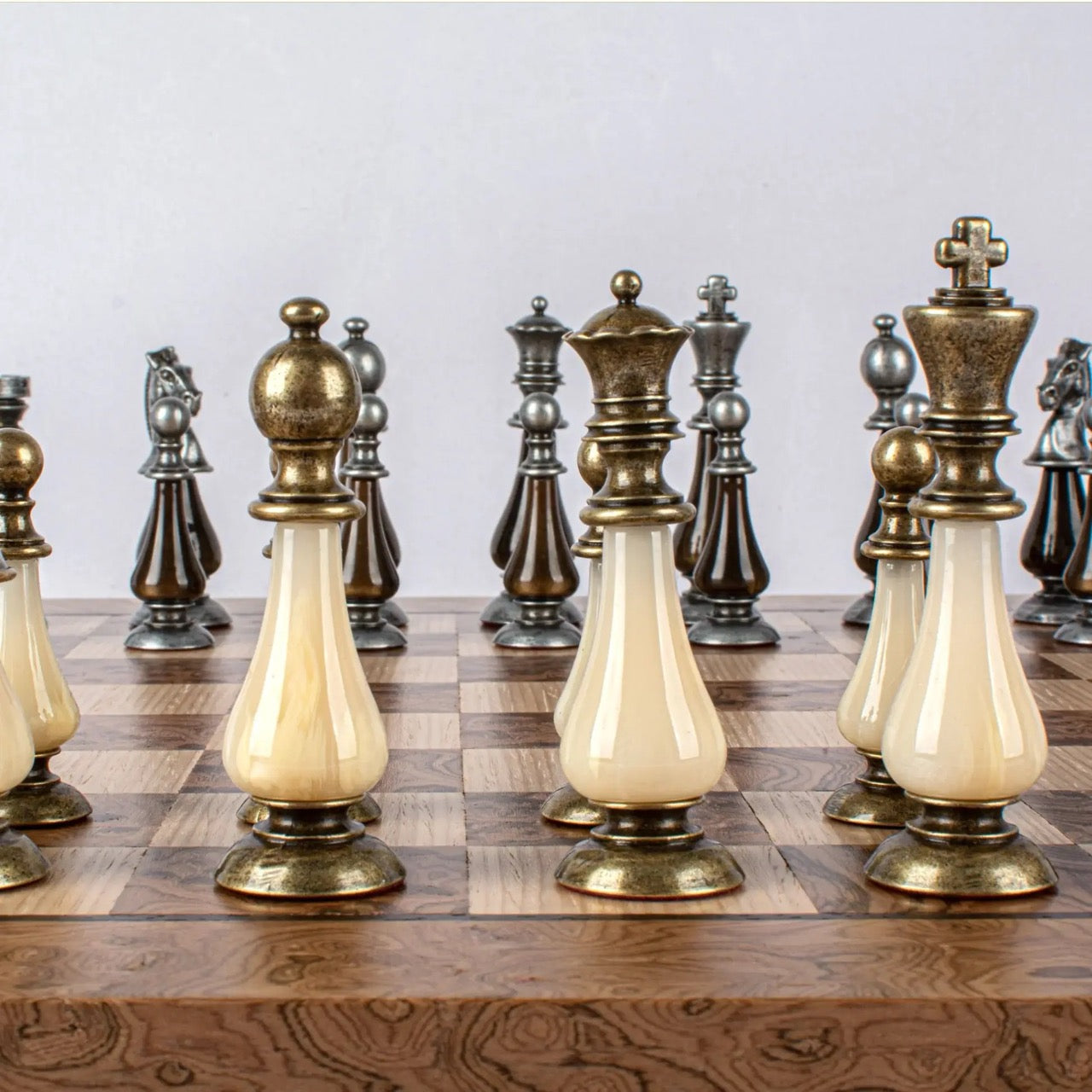 Walnut Burl & Oak Chessboard with Brass & Pewter Chess Pieces