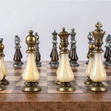 Walnut Burl & Oak Chessboard with Brass & Pewter Chess Pieces
