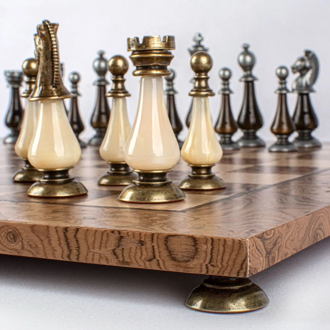 Walnut Burl & Oak Chessboard with Brass & Pewter Chess Pieces