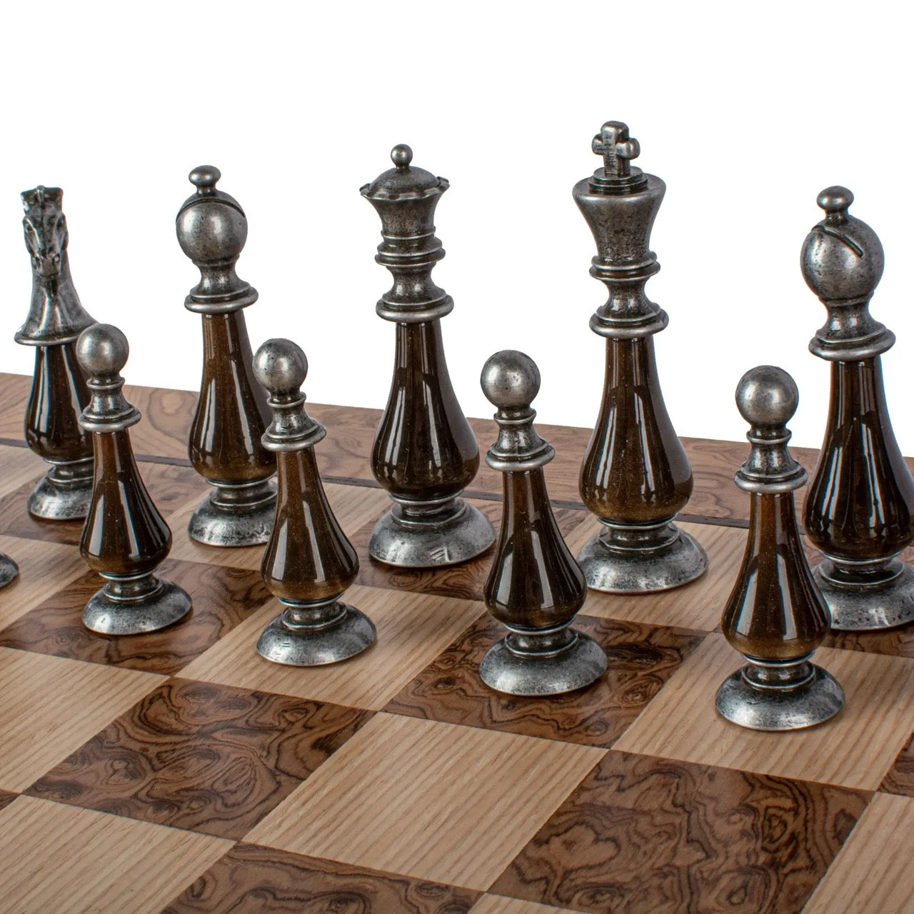 Walnut Burl & Oak Chessboard with Brass & Pewter Chess Pieces