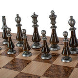 Walnut Burl & Oak Chessboard with Brass & Pewter Chess Pieces