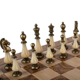 Walnut Burl & Oak Chessboard with Brass & Pewter Chess Pieces