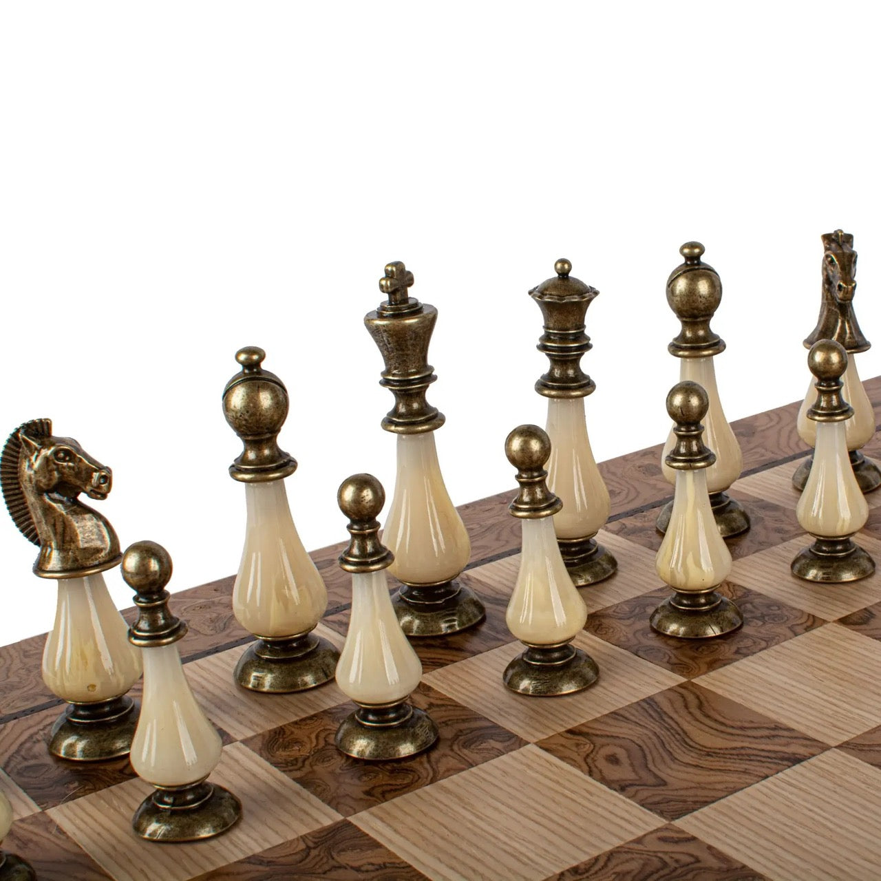 Walnut Burl & Oak Chessboard with Brass & Pewter Chess Pieces