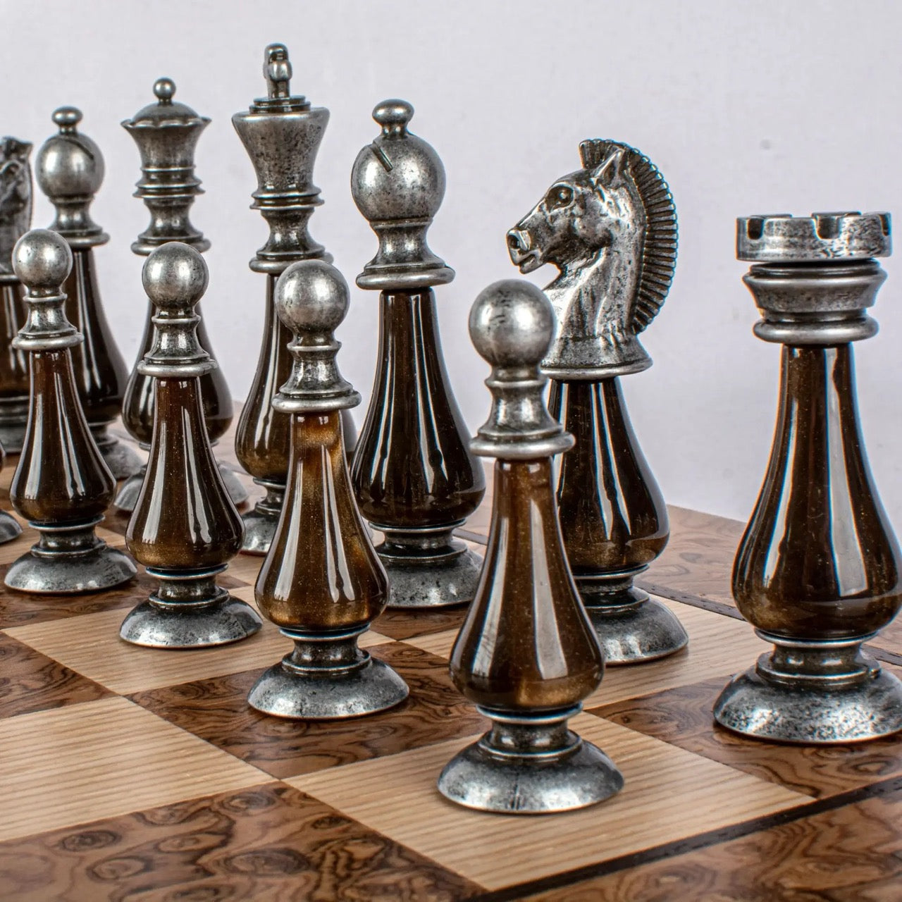Walnut Burl & Oak Chessboard with Brass & Pewter Chess Pieces