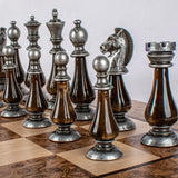 Walnut Burl & Oak Chessboard with Brass & Pewter Chess Pieces