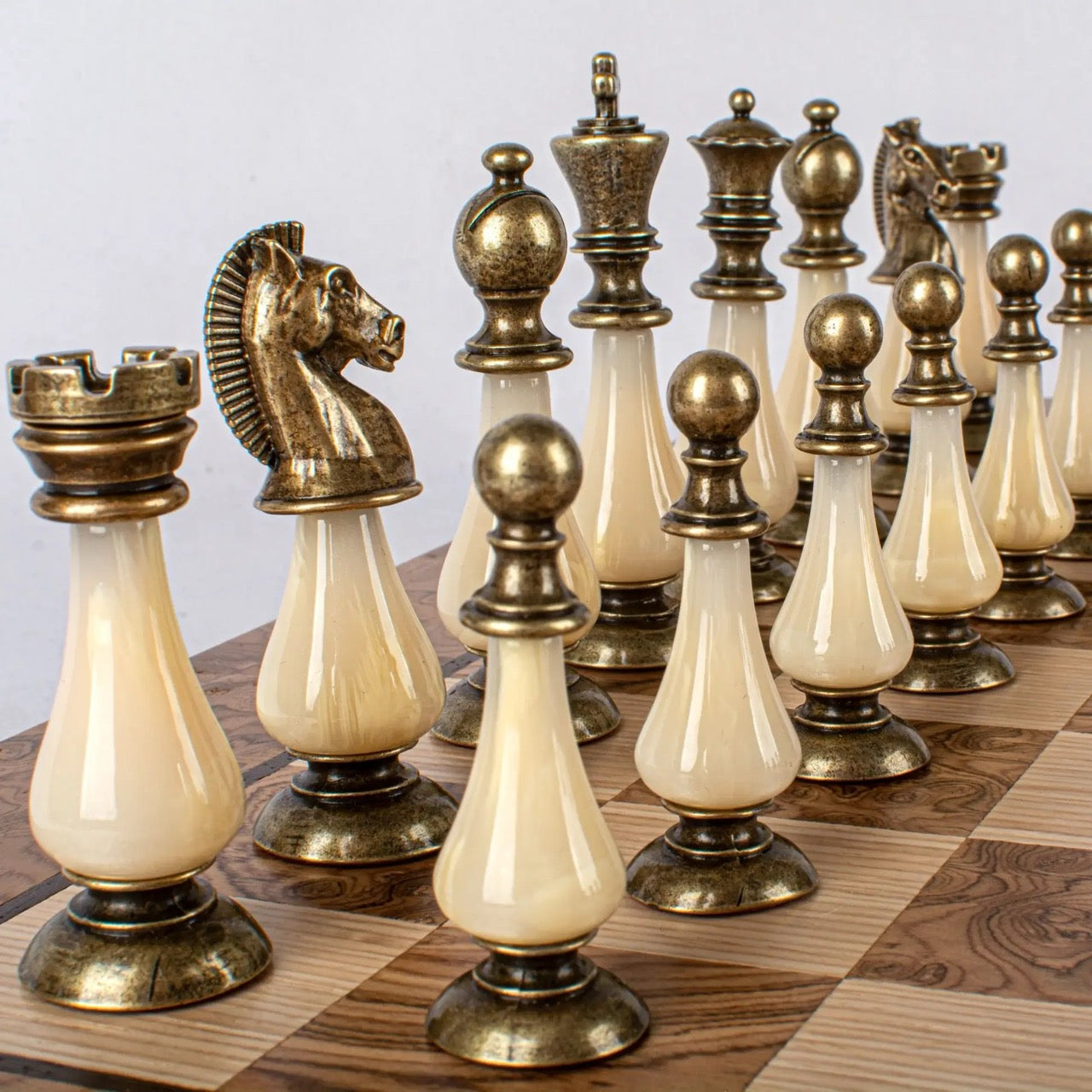 Walnut Burl & Oak Chessboard with Brass & Pewter Chess Pieces