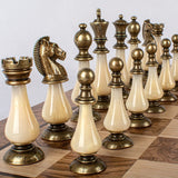 Walnut Burl & Oak Chessboard with Brass & Pewter Chess Pieces