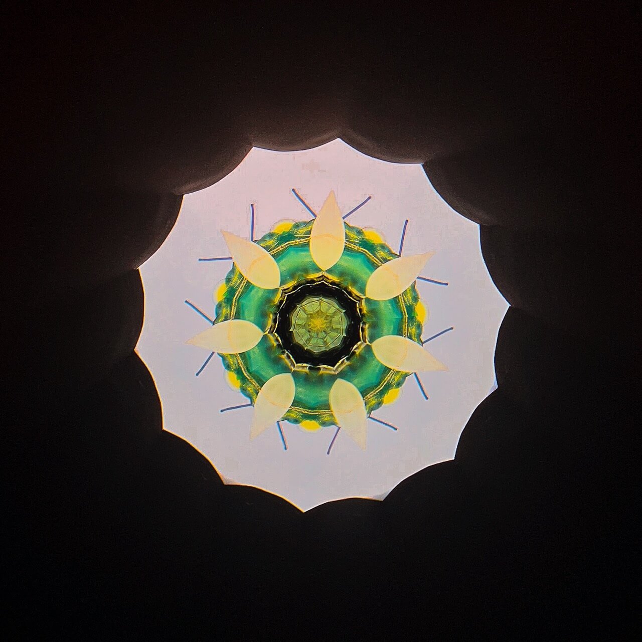 Mandala design with yellow leaves on a light background, framed by dark silhouette