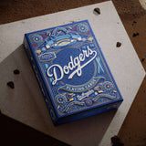 Blue Dodgers playing cards box on a textured surface