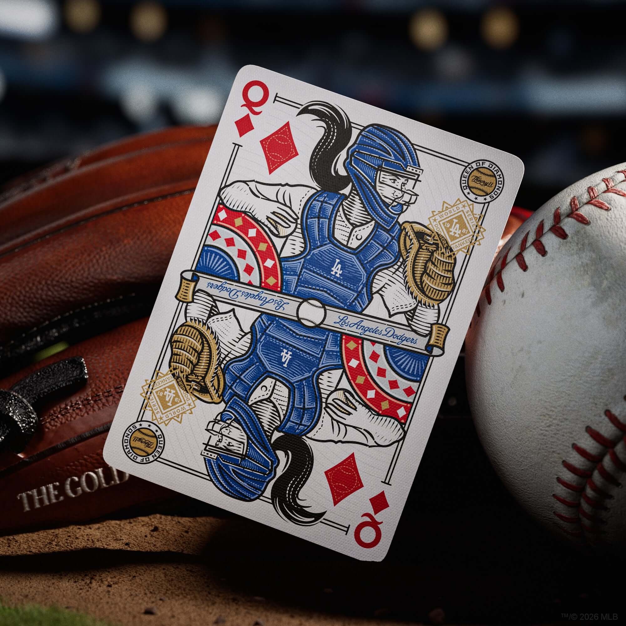 Playing card with a sports-themed design on a sports ball and equipment background
