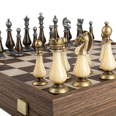 Leather Chessboard with Metal & Pearl Chess Pieces